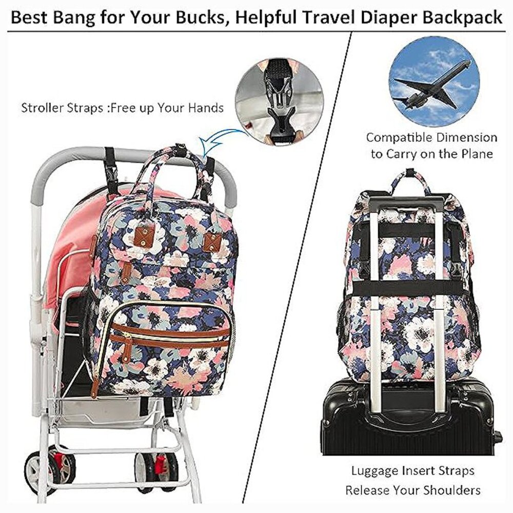 Diaper Bag Backpack Tote for Women Large Capacity, Floral Painting - Picture 4 of 8